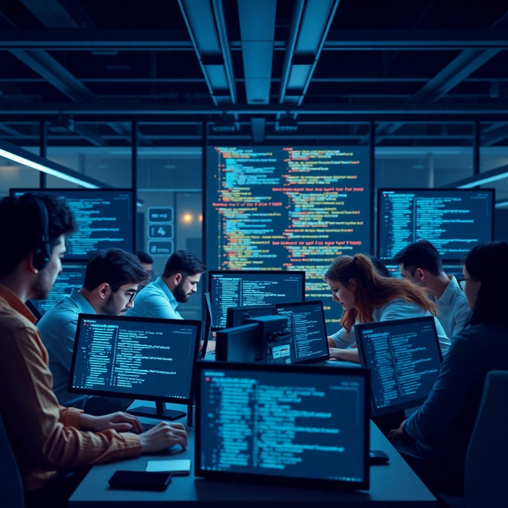 Design an image of a team of software developers collaborating in a modern office environment, surrounded by screens displaying lines of code. The scene should reflect innovation and teamwork.