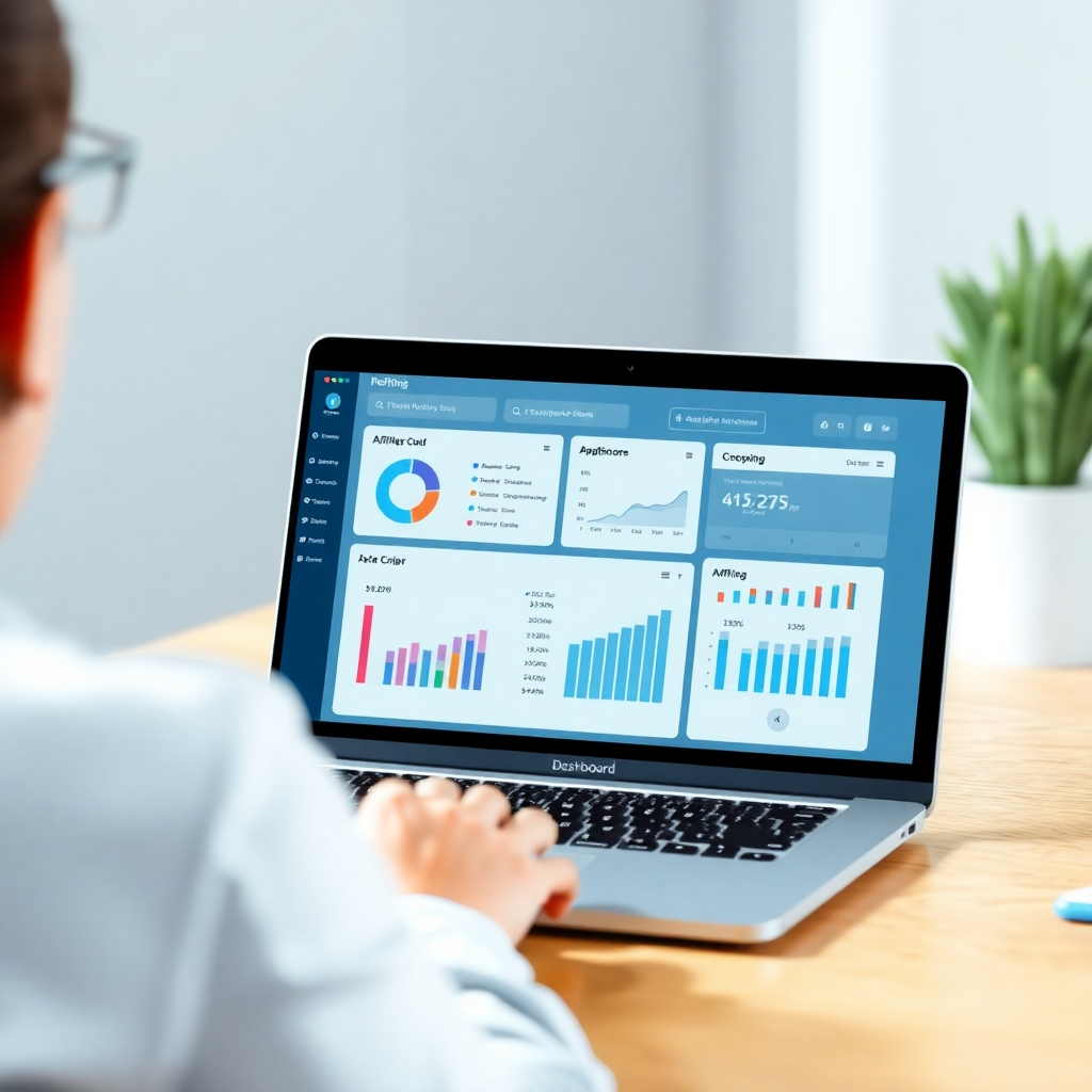 Design an image showing a person looking at a laptop screen which presents an interactive dashboard with charts, graphs, and data points related to the performance of an affiliate marketing program.