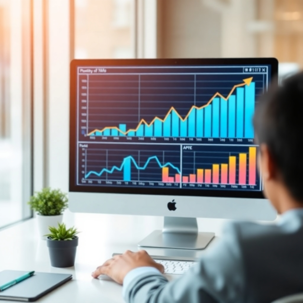 Generate an image representing data analysis, such as graphs and charts displayed on a professional digital display, highlighting a positive trend.  Convey data's significance in successful business practices