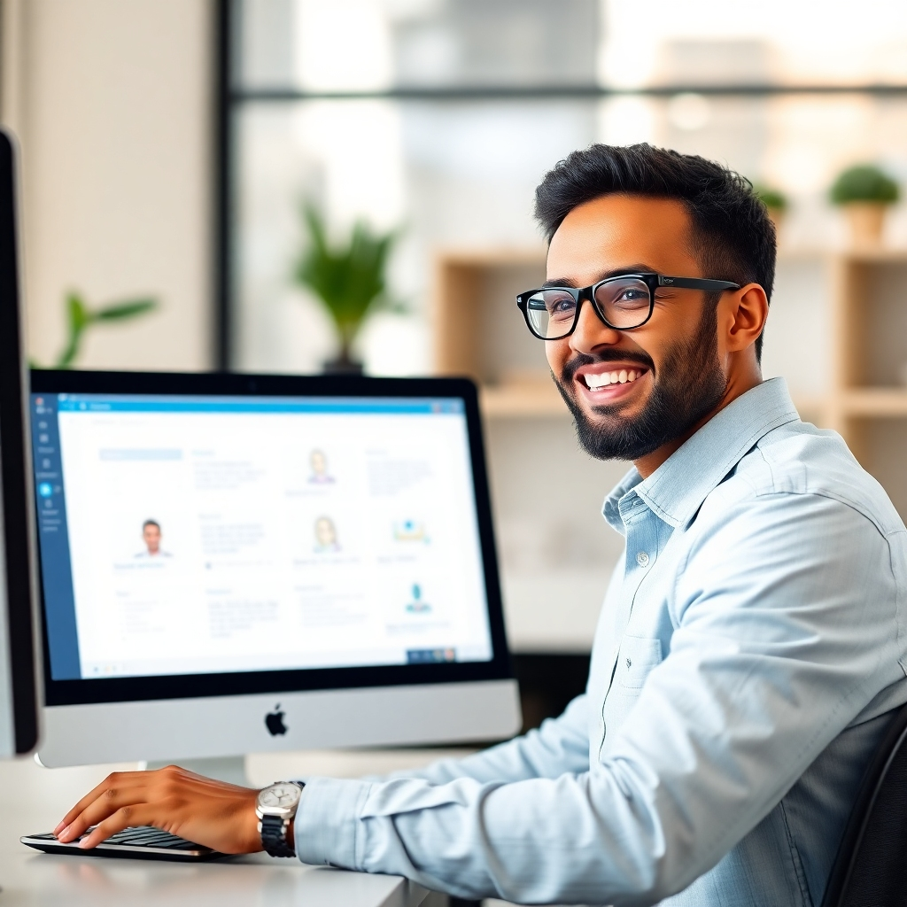 Show a happy customer interacting with a user-friendly software interface, representing an excellent customer experience