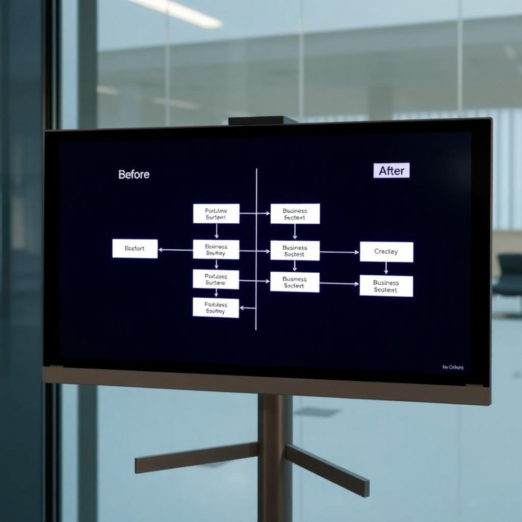Show a simplified flow chart on a digital screen, with before-and-after states of business processes to showcase streamlining. Use clear, concise visuals