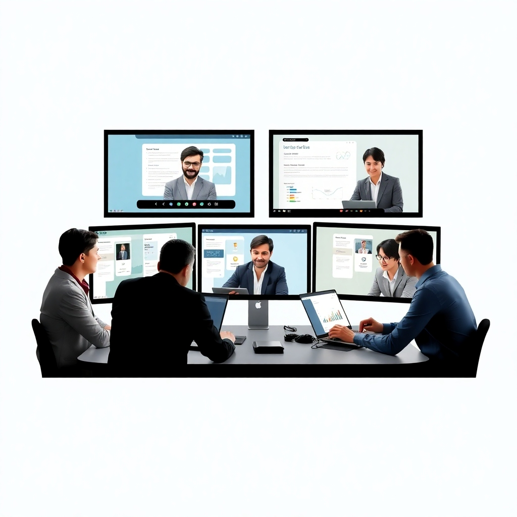 Show an image of a team of professionals working together on a shared project on multiple computer screens, representing software-enhanced collaboration