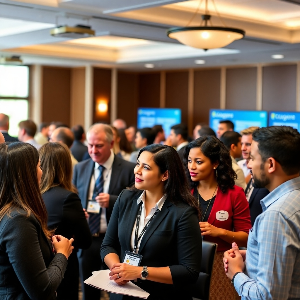 Capture a powerful image of a group of professionals networking at a career advancement seminar. The ambiance should be formal yet inviting, encouraging connections. Include displays showing successful outcome metrics from the academy, highlighting the positive impact on participants' career journeys.