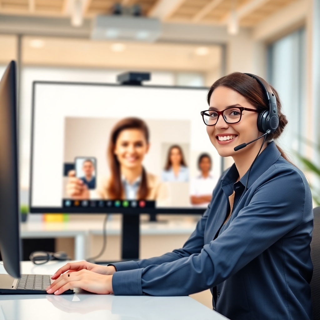Craft a friendly and inviting photo of a customer service representative interacting with clients via video call, showcasing commitment to support. The background should be a professional office setting with bright lighting and an approachable demeanor. Use warm colors to create a welcoming atmosphere, reinforcing the idea of connectivity. The image should be high-quality to reflect professionalism while engaging with clients.
