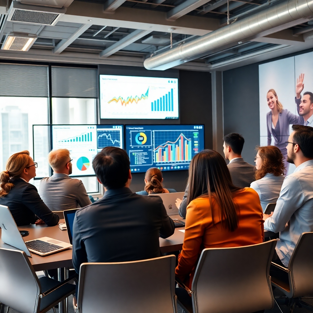 Create a dynamic image of a diverse group of professionals in a conference room, actively participating in a training session on Excel and Power BI. Include visuals of data analytics on screens, with charts displaying growth. The environment should be modern and collaborative, showcasing the importance of teamwork in skill development. The lighting should be bright and engaging, reflecting a professional atmosphere. The image should be in high-quality and vivid to inspire ambition.