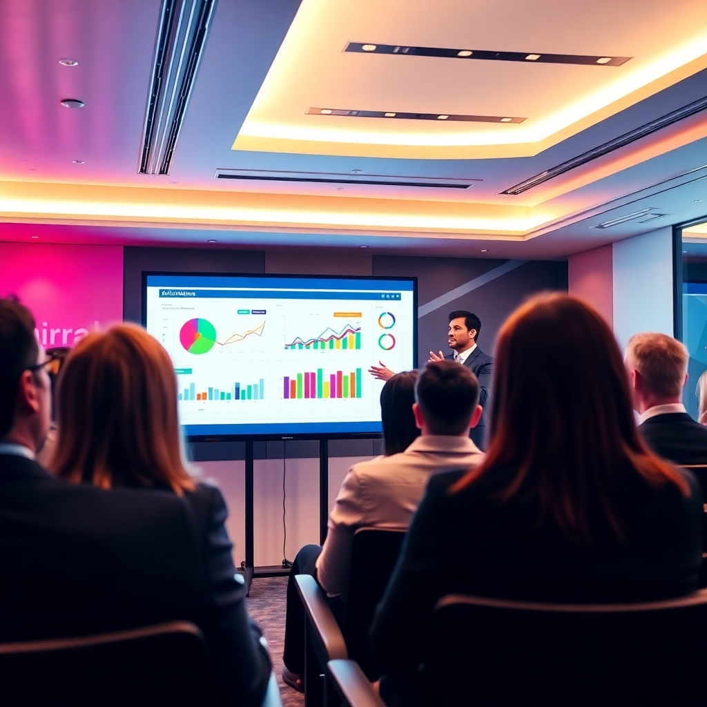 Create a striking image of a business professional presenting a data visualization to a captivated audience. The presentation screen should project colorful and vibrant charts and graphics, showing the impact of data-driven insights. The environment should be sleek and modern, with corporate branding visible in the background. Utilize bright, contrasting colors to emphasize the importance of visualization. Capture the scene in high resolution, creating a sense of engagement and professional development.