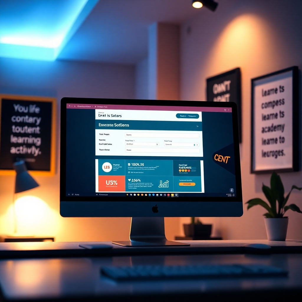 Create a striking image of a computer screen displaying a data submission form with engaging graphics showing success stories and metrics. The atmosphere should be modern, with ambient lighting that creates focus on the screen. Include props like inspirational quotes framed on the wall, emphasizing commitment to learning. The image should captivate viewers, encouraging them to engage with the academy actively.