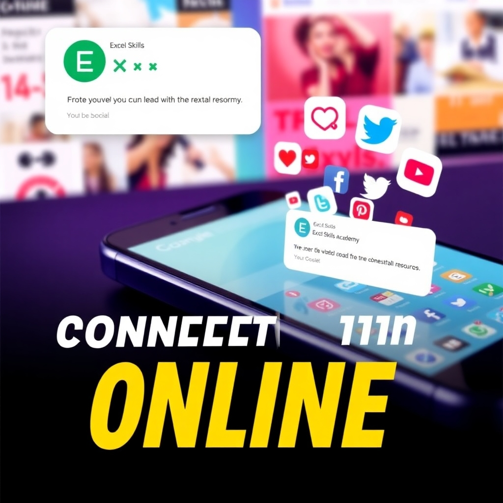 Create an image that features a smartphone with social media notifications popping up related to Excel Skills Academy. The scene should be vibrant and energetic, with backgrounds showing educational resources. Use bold colors to evoke excitement about connecting online. Display the academy logo and various social media icons to highlight our presence. Ensure the image feels modern and engaging, conveying an active online community.