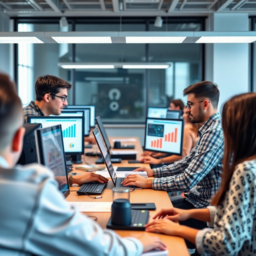 Design a captivating scene where participants are actively engaged in creating data visualizations on computers. The setting should be a modern classroom equipped with high-quality tech resources and strong lighting that emphasizes creativity. Include visuals of charts and graphs to symbolize the learning experience, ensuring a focus on innovation.