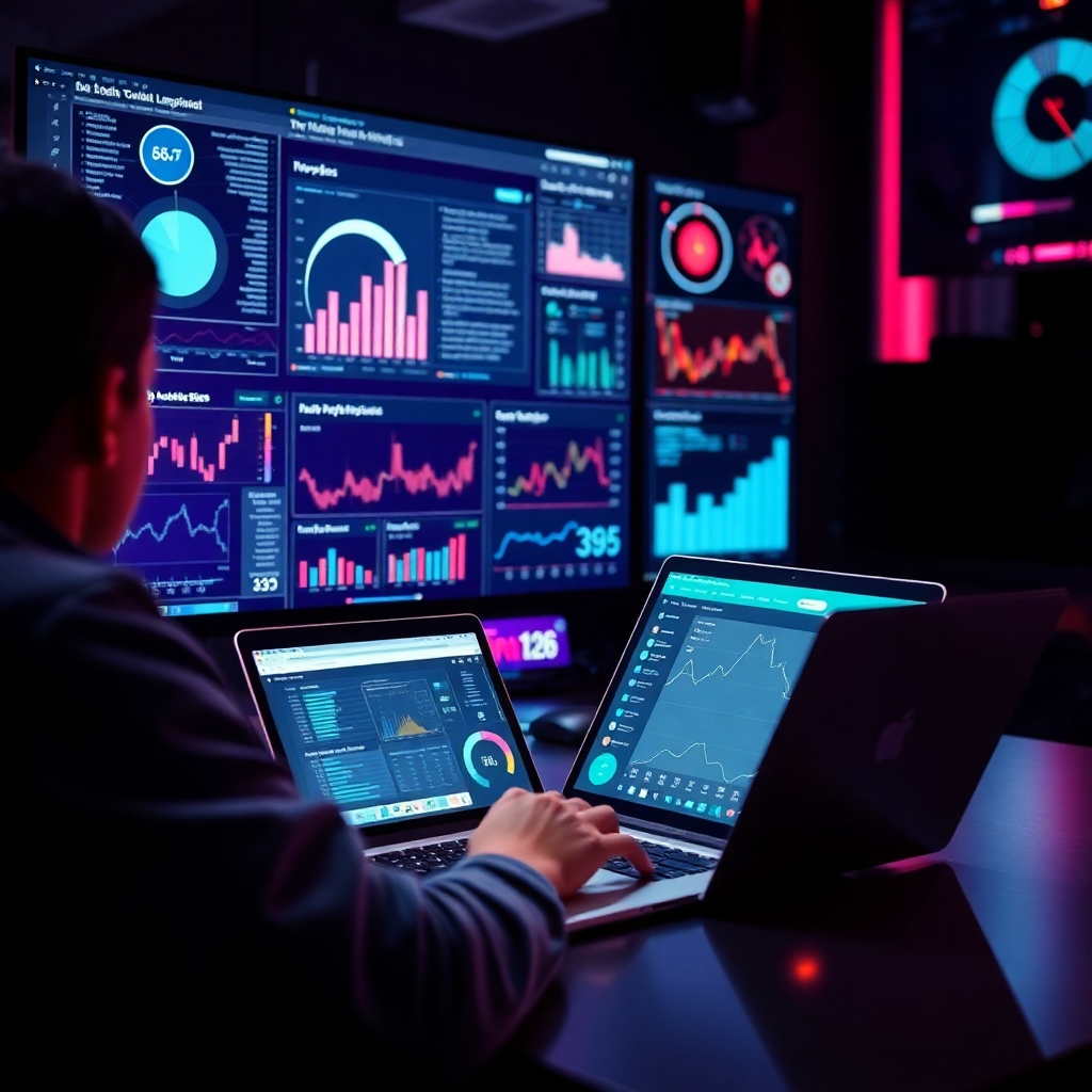 Design an image that captures someone analyzing data on a laptop, surrounded by insights and charts displayed on a big monitor. The setting should feel high-tech and innovative, emphasizing the importance of data analysis in learning. Use a rich color palette to create a dynamic feel, focusing on the excitement of unlocking potential through data. Ensure that the image is high-quality and inspiring.