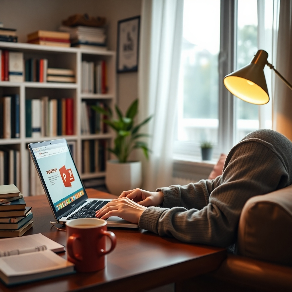 Design an image that captures a focused learner studying Microsoft PowerPoint on a laptop in a cozy home office. The environment should be warm and inviting, with books and educational materials around. Soft lighting should enhance the comforting yet focused mood of the scene. Incorporate elements like a notepad and coffee cup for a personal touch. The image should convey the essence of commitment to education and career advancement.