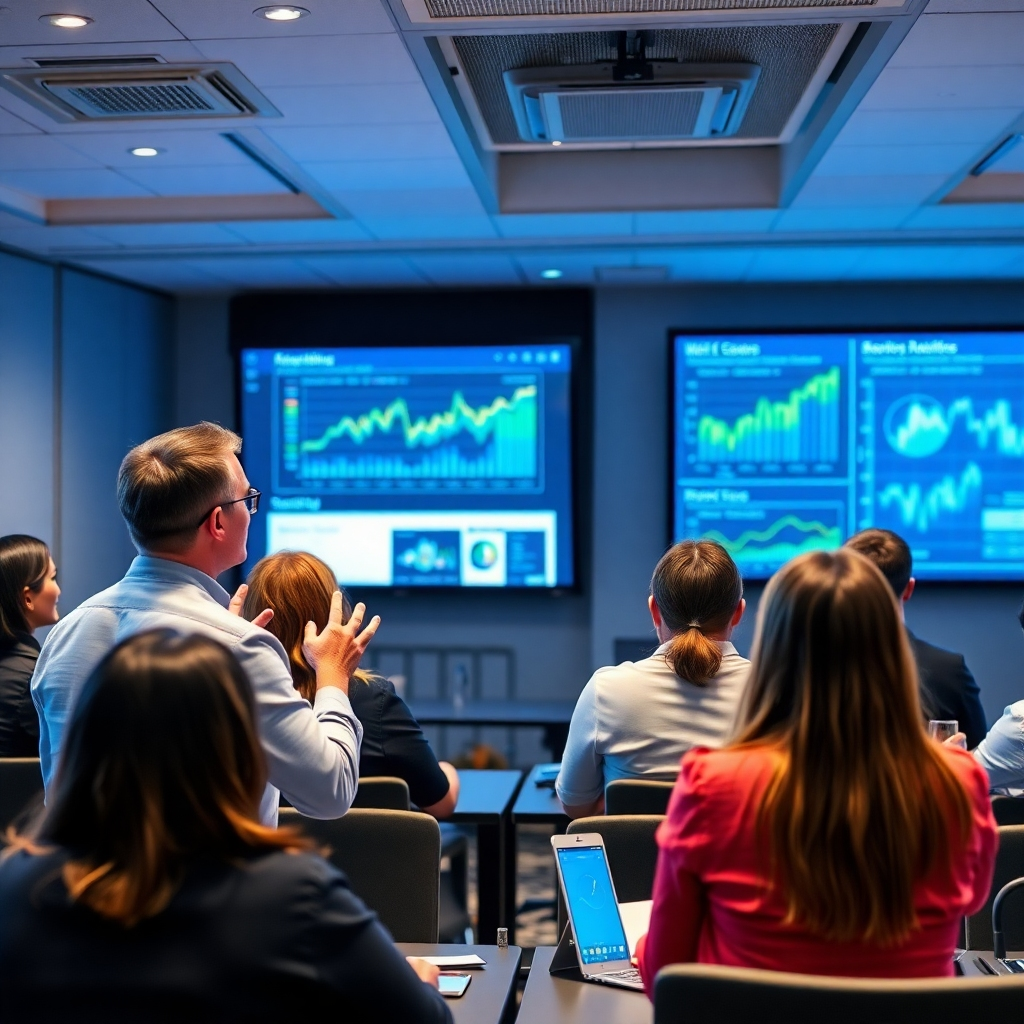Develop a polished image showing an instructor leading a workshop on data analysis using Tableau and Power BI. The atmosphere should be interactive, with participants engaged in lively discussions. The lighting should be soft but focused, highlighting the instructor and data visuals on a big screen. Use a color palette that includes corporate blues and greens to inspire professionalism. Ensure the image reflects the excitement and relevance of learning analytics in a collaborative setting.