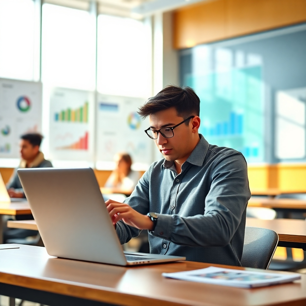 Envision a photorealistic image of a student in a modern classroom, intensely focused on learning Excel on a sleek laptop. The classroom should be filled with data charts and diagrams in the background, embodying the essence of data mastery. Natural light streaming in enhances the ambiance, representing clarity and focus. The colors should be bright and professional, emphasizing an entrepreneurial spirit. Capture the excitement of learning in high-quality detail.