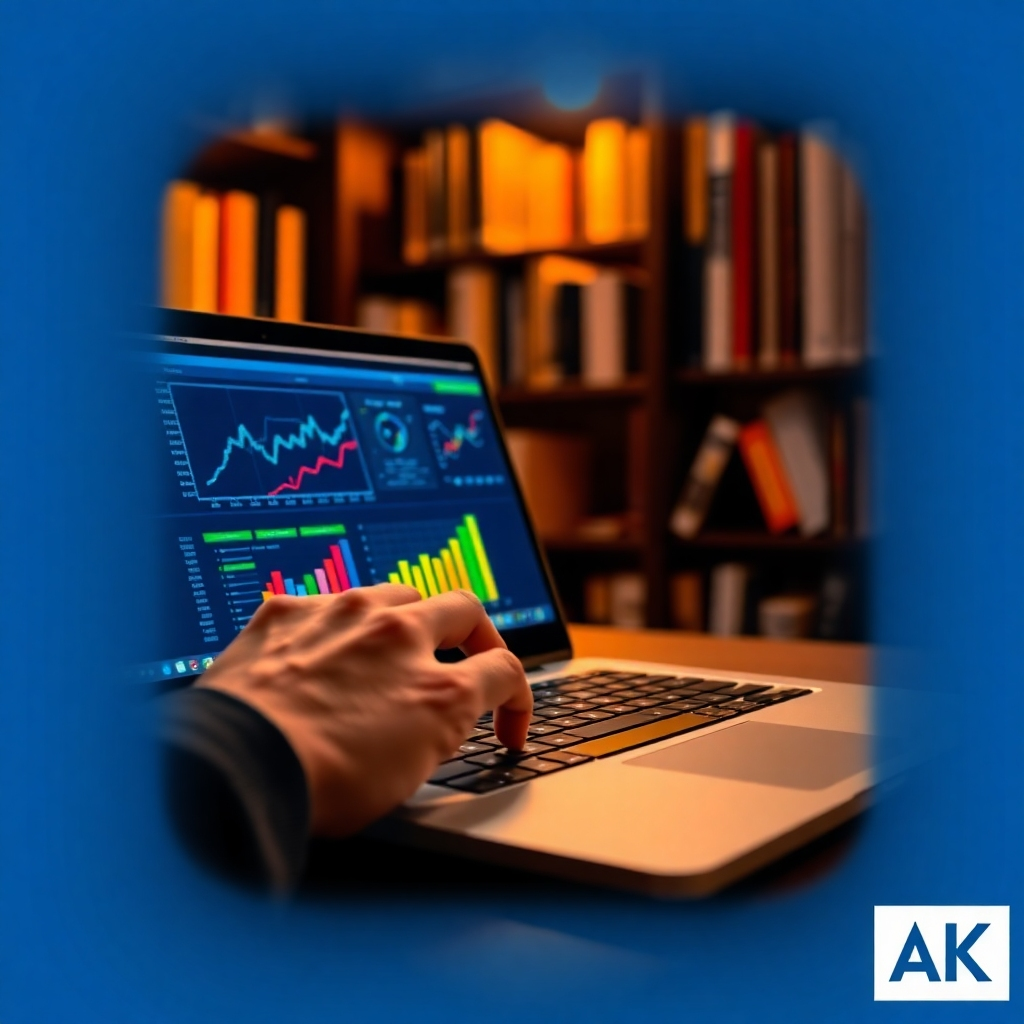 Generate a stylized image that represents the essence of learning at Excel Skills Academy. It should depict a close-up of a hand using a laptop, with colorful graphs and data visualizations on the screen, symbolizing analytics. The background should include shelves filled with educational resources, with warm, inviting lighting creating a sense of ambition and inspiration. The composition should allow the viewer to feel engaged and motivated. Aim for a high-quality 4K resolution image that captures the essence of growth and education.