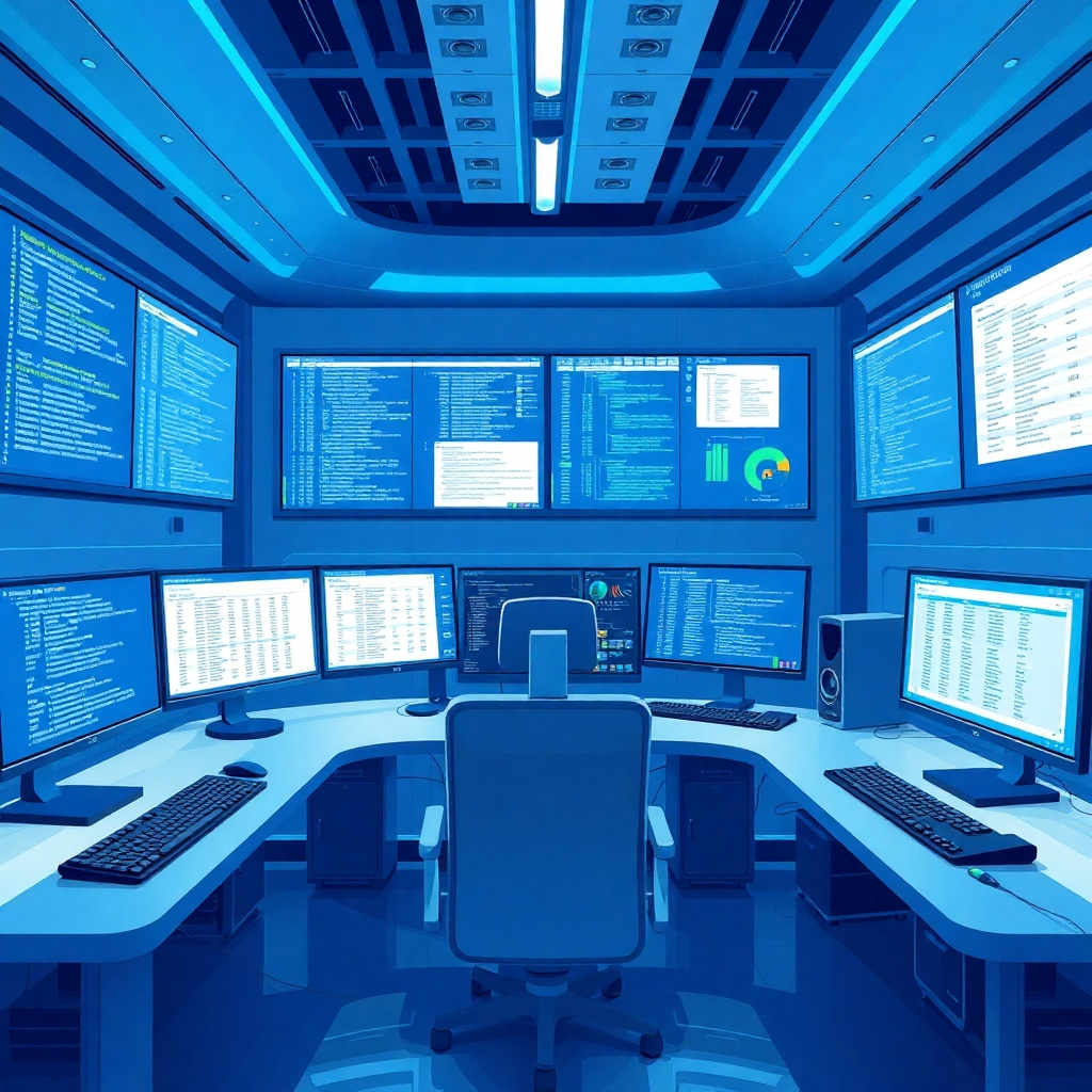 Illustrate a futuristic workspace filled with multiple monitors displaying Python code and complex Excel spreadsheets. The room should be equipped with modern technology, demonstrating a high-tech approach to learning. Use blue and white tones for a clean, innovative look. The lighting should symbolize creativity and innovation, with reflection surfaces enhancing the visual appeal. This image should encapsulate the excitement of embracing new tools in data analysis for a competitive edge.