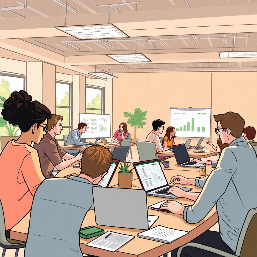 Illustrate a workshop setting with participants engaging in practical exercises on Excel spreadsheets. The environment should have open spaces, with students working collaboratively around tables. Soft, natural lighting should inspire a relaxed yet productive atmosphere. Props like laptops and educational materials should be scattered throughout, symbolizing a rich learning experience. Aim to show the diversity of participants engaged in active skill-building tasks, creating an image that resonates with education and personal development.