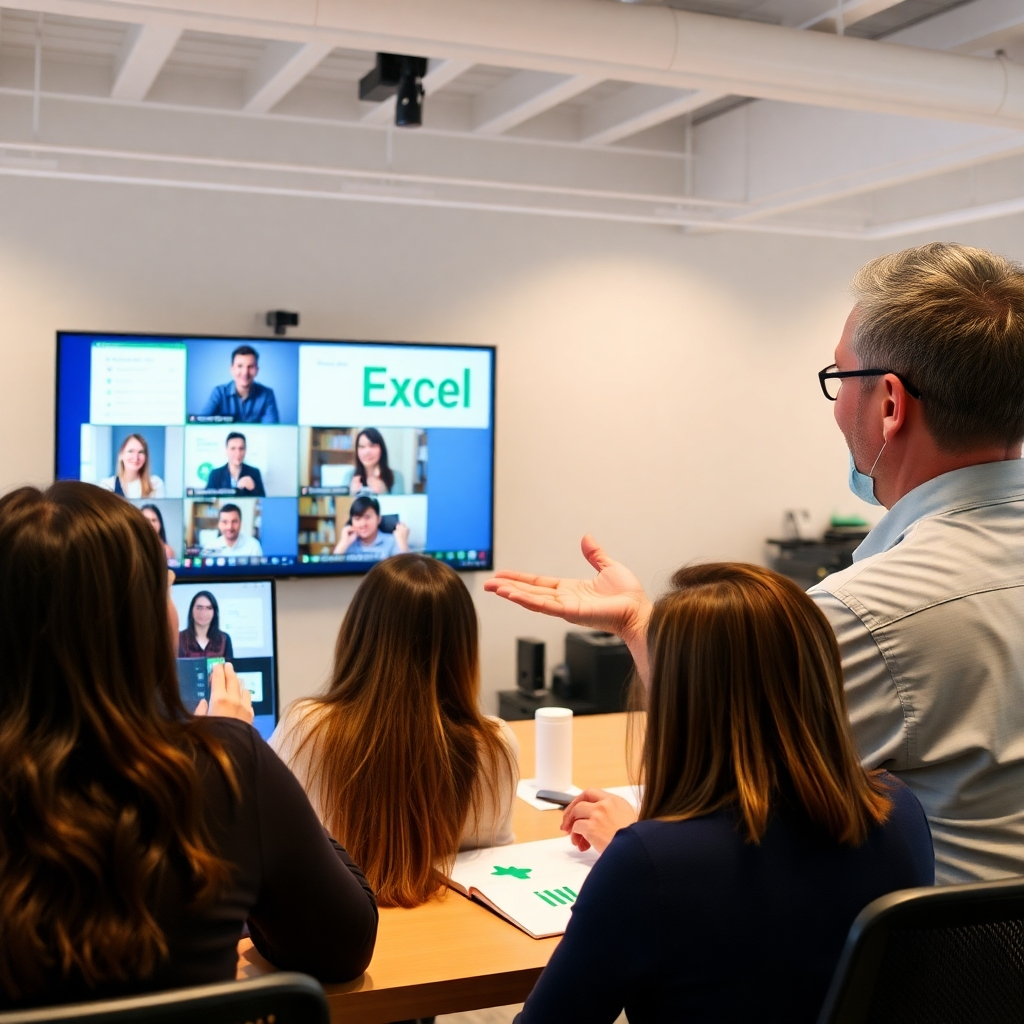 Show an image of an enthusiastic instructor leading a virtual Excel training session with participants divided into small groups on video call screens. The environment should feel collaborative, with bright, engaging graphics displayed in the background. Capture the elements of technology and interactive learning, conveying a modern approach to education.