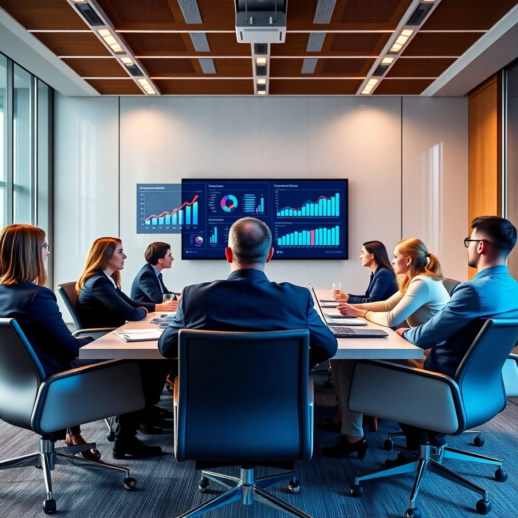 Visualize a boardroom meeting where professionals discuss data-driven strategies, with a large screen showing analytics dashboards. Equip the space with modern furniture and smart technology, emphasizing innovation in the workplace. The camera angle should give the viewer an engaging perspective of collaboration among team members. Utilize bright, professional colors to emphasize the importance of discussion and teamwork in data-driven decision-making. Capture this high-quality image full of life and ambition.