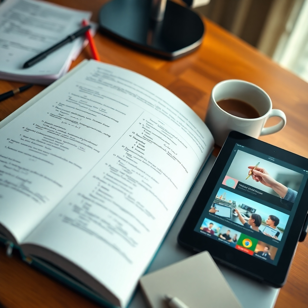Visualize a close-up shot of an open workbook filled with Excel formulas and data analysis techniques, on a wooden desk with a coffee cup. This scene should convey the commitment to learning and knowledge. The warm lighting should create an inviting aura, making the viewer feel connected to the learning process. Include relevant props like notes and a tablet with tutorial videos on display, making the image relatable and focused on education.