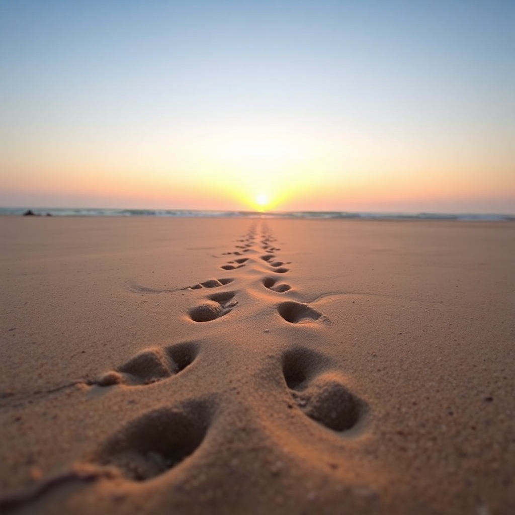 A thought-provoking image depicting footprints in a sandy beach, leading towards a sunrise on the horizon. The soft, pastel colors of the sky evoke a sense of hope and new beginnings. The camera angle is low, emphasizing the journey ahead. Details like the texture of the sand and the faint sounds of waves create a tranquil and inspiring scene.