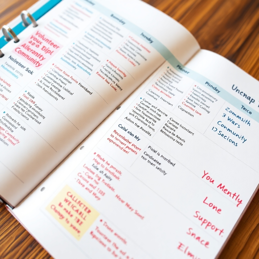 An engaging image illustrating a planner filled with volunteer opportunities and community events scheduled for the month. The camera angle is over-the-top, capturing the details of the planner alongside supportive messages. Warm colors and inviting textures convey hope and excitement for involvement.