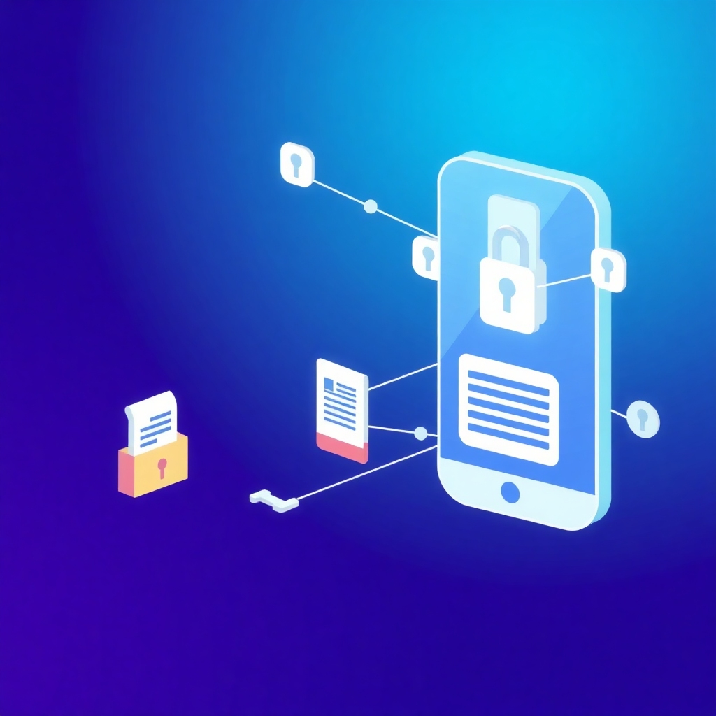 Create a stylized illustration of a secure document sharing platform. The style could be similar to a modern app interface or a network visualization. Use clean lines and a minimalistic aesthetic with a focus on ease of use and security.