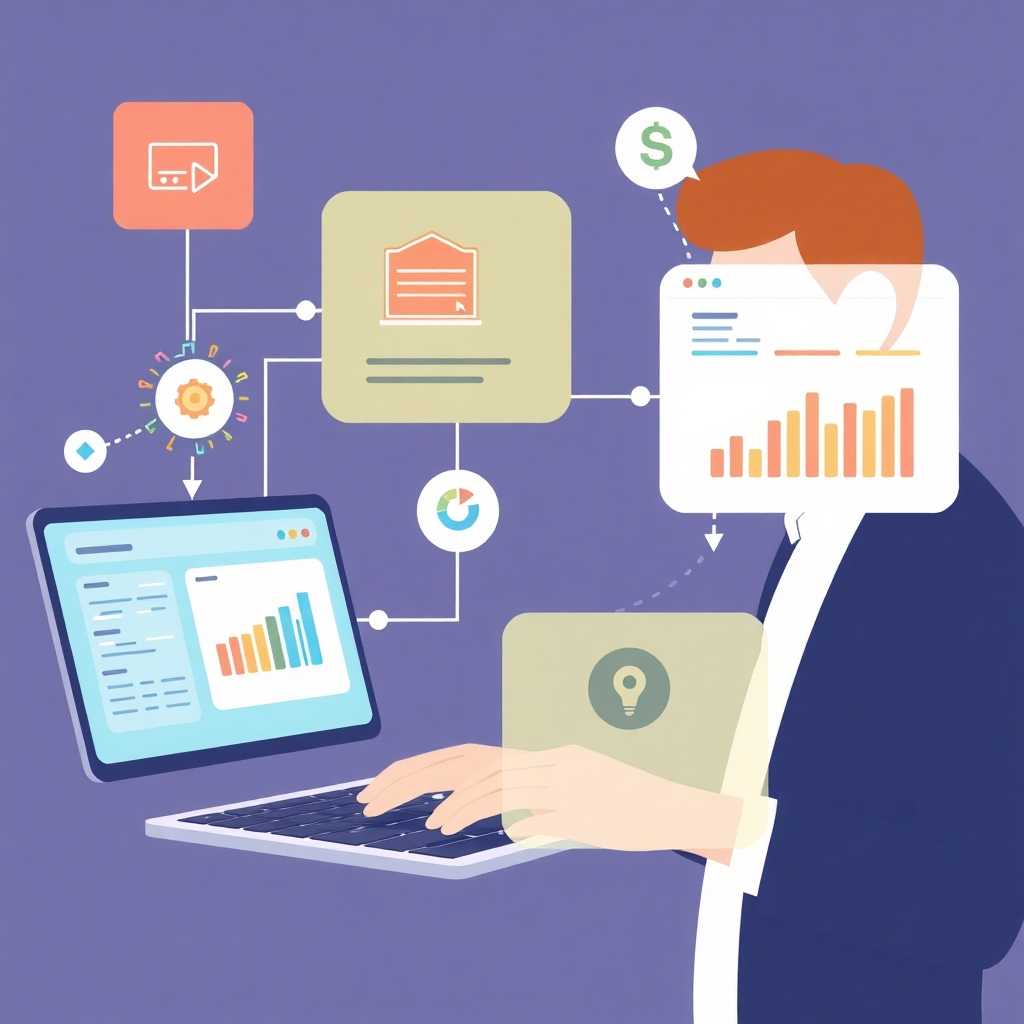 Create a stylized image of AI-powered productivity tools integrated into a user's workflow. The image should showcase the seamless integration of these tools, highlighting their ability to automate tasks, analyze data, and improve efficiency. The style should be clean and modern, with a focus on user experience. The color scheme should be sophisticated and professional, reflecting the reliability and efficiency of the tools.