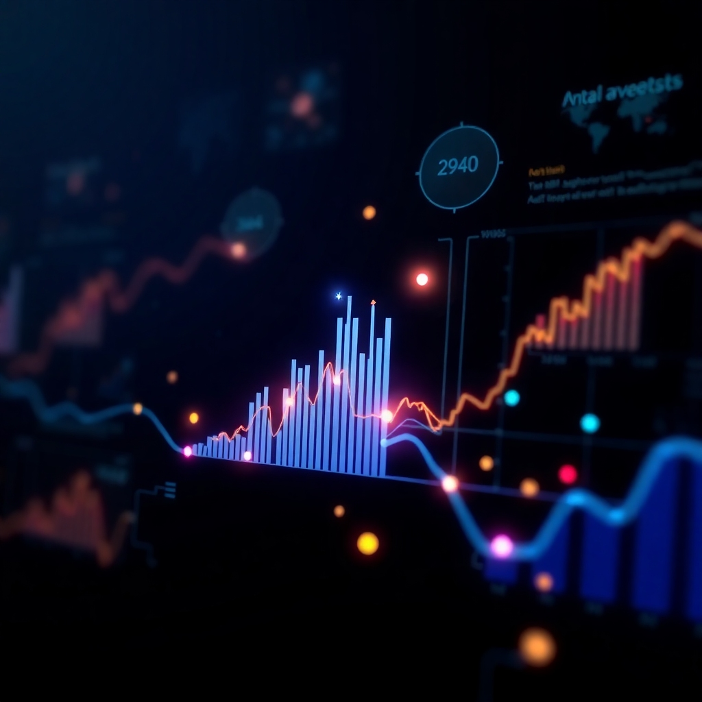 Create a stylized representation of data analysis via AI, with glowing graphics showing trends and insights derived from data. Use a dark background to highlight the data visualization and showcase the advanced analytics capabilities.