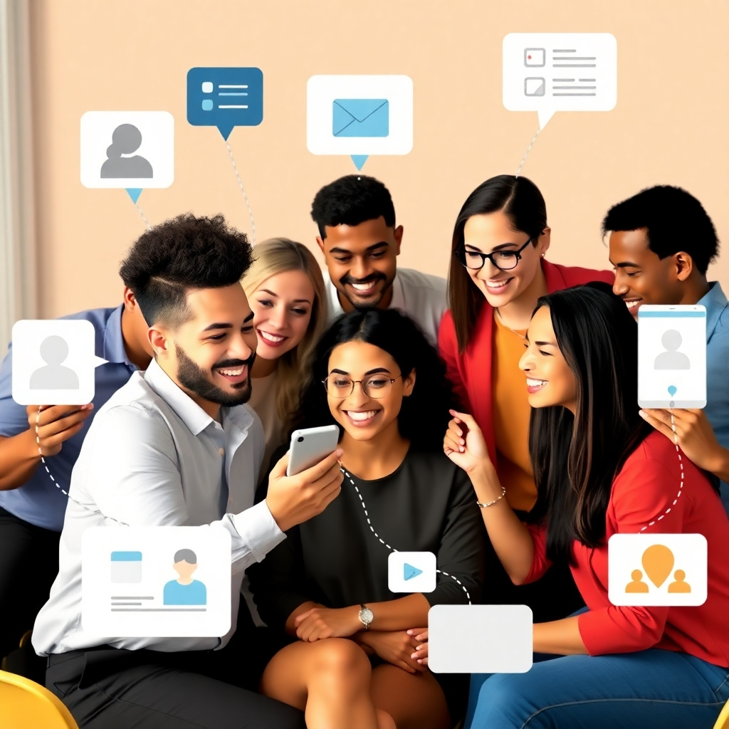 Create an image of a diverse team effectively collaborating on a project, using various communication tools and platforms. The image should showcase seamless communication flows and a positive and productive work environment.