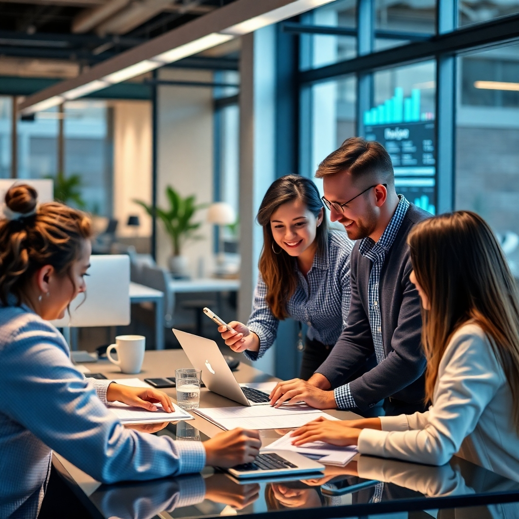 Generate a photorealistic image of a team working collaboratively in a modern office space, with AI-powered tools seamlessly integrated into their workflow. Show them using these tools for increased efficiency and productivity. The image should reflect a positive and collaborative work environment.