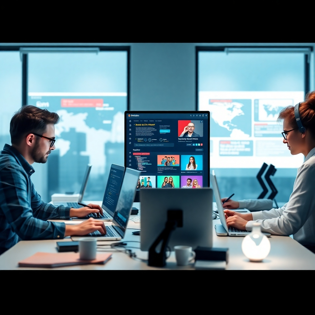 Generate a photorealistic image of a team of web developers working collaboratively on a website design, using advanced tools and technologies. The image should reflect a modern and innovative work environment, with a focus on teamwork and collaboration. The color scheme should be clean and sophisticated, with accents of vibrant color to emphasize key aspects of the website design. The lighting should be bright and evenly distributed, reflecting a modern office environment.