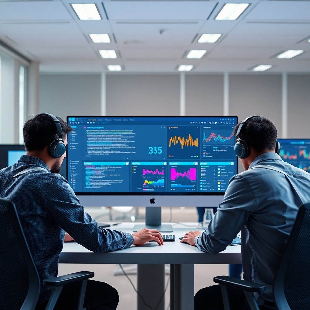 Generate a photorealistic image showing a modern website interface in progress. The image should showcase a team of developers working collaboratively on the interface, utilizing advanced software and hardware that reflects modern trends in web development. The color scheme should be clean and sophisticated, with accents of vibrant color to emphasize key aspects of the interface. The lighting should be bright and evenly distributed, reflecting a modern office environment. The image should portray a sense of collaboration and innovation.