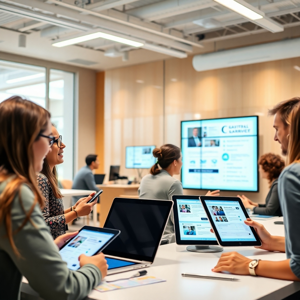 Generate a photorealistic image of a modern, collaborative workspace with several people using various technologies to interact and collaborate with each other. Emphasize the seamless integration of physical and digital spaces, with screens and tablets displaying collaborative interfaces and shared documents. The color scheme should be light and airy, and the lighting should be bright, reflecting a positive and productive work environment.