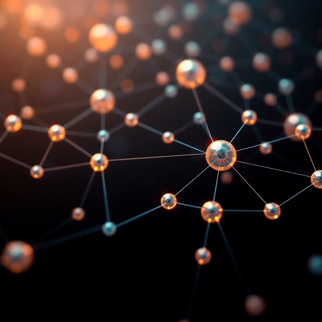 I need a photorealistic or stylized 4K image for the 'About Us' section of a website. The image should represent the essence of 'Collaborative Innovations'— advanced website creation, collaborative workspaces, productivity tools, and AI. It could depict a stylized network of interconnected nodes, representing ideas, people, and technology. The nodes could be in a futuristic yet warm aesthetic, like glowing orbs or abstract shapes, with lines connecting them to show collaborative efforts. The lighting should be soft, highlighting the interconnectedness of the elements. The color palette should be warm, using shades of blues and oranges as the primary colors, with a touch of gold or teal for accent. The camera angle should be a sweeping view, encompassing the entire network to depict a sense of connection. The texture could involve a soft glow or subtle gradients. The background should be dark to highlight the interconnected nodes. The style should be a blend of photorealism and abstract design, inspired by data visualization art. The image should be inspiring, representing the innovative approach of the business.