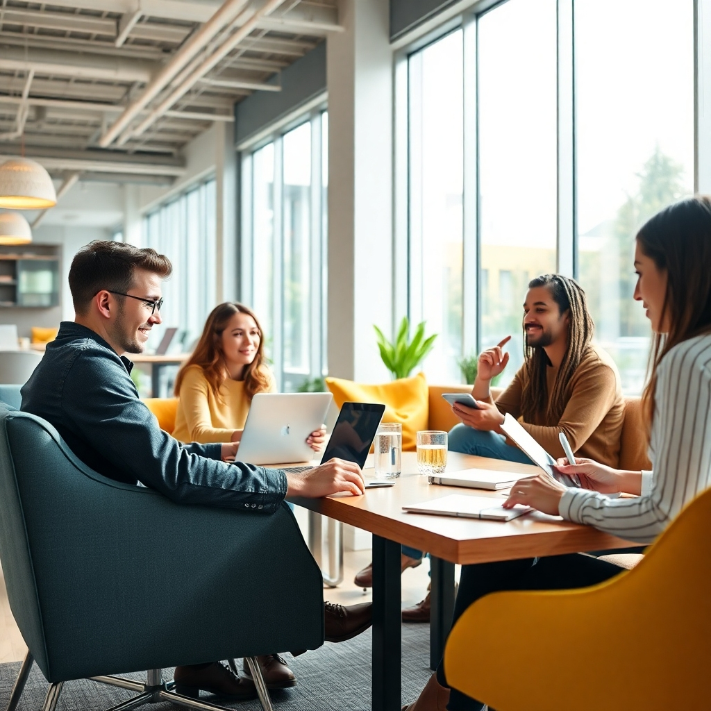 Produce a photorealistic image of a modern, collaborative workspace, where team members are using technology to work together seamlessly. The workspace should be designed to promote collaboration and communication, with plenty of natural light and comfortable seating. The color scheme should be bright and airy, and the lighting should be natural and inviting. The image should reflect a positive and productive work environment.