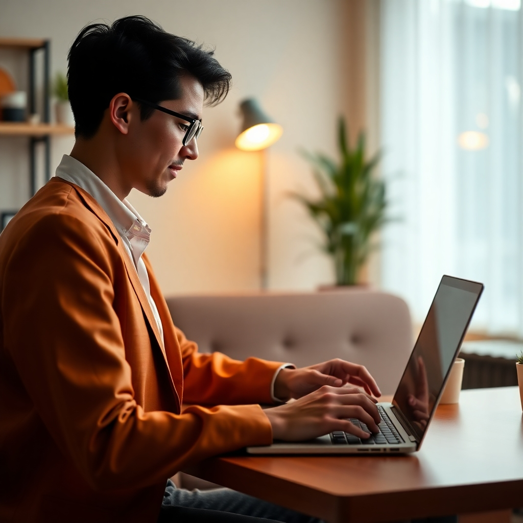 Produce a photorealistic image depicting a business person working efficiently on a laptop thanks to an AI-powered website. Use an image with warm colors, and lighting, showing a comfortable yet productive work setting.
