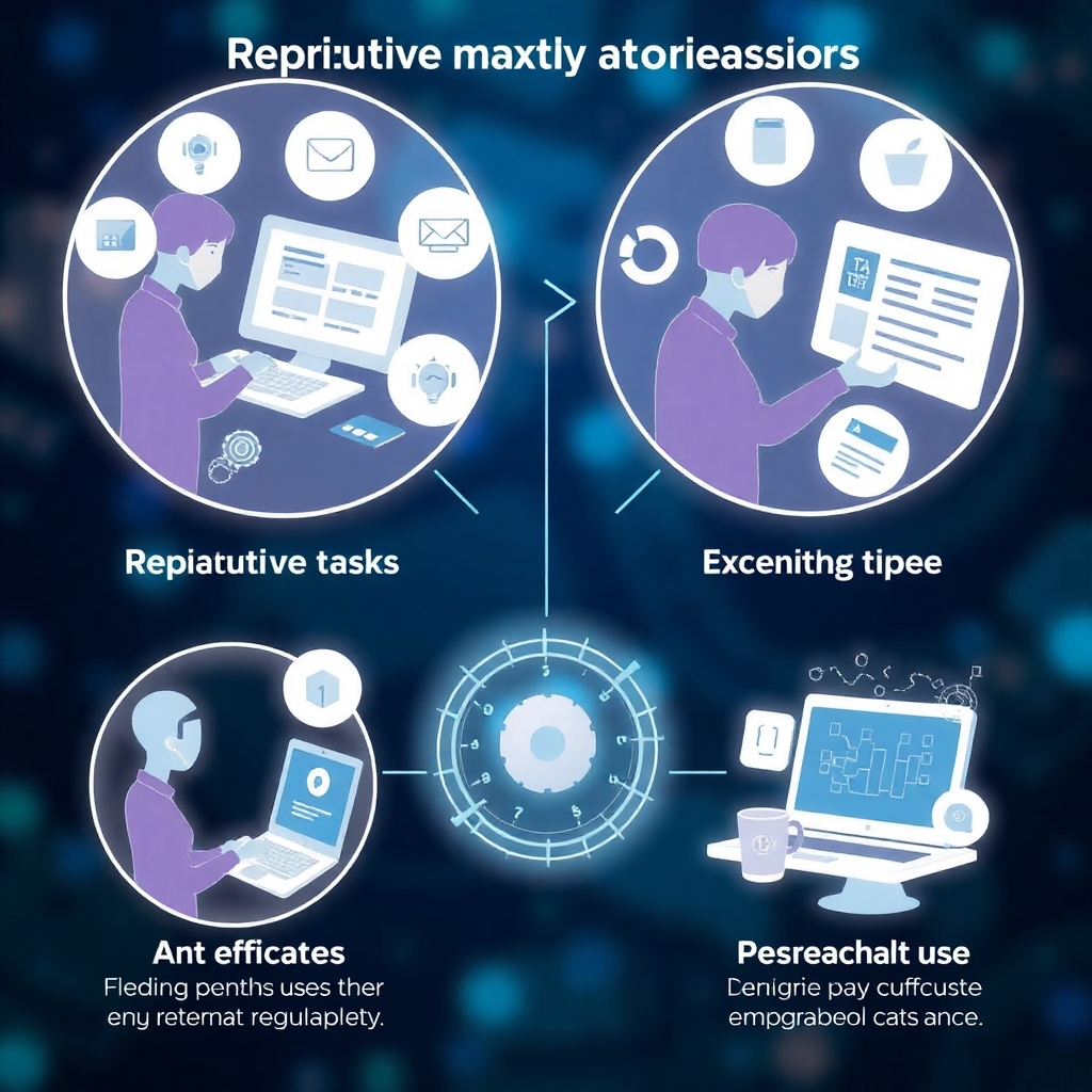 Produce an image showing various repetitive tasks being automated by AI, with graphics highlighting efficiency and ease of use. The image should incorporate a futuristic element, representing the advanced capabilities of the AI involved.