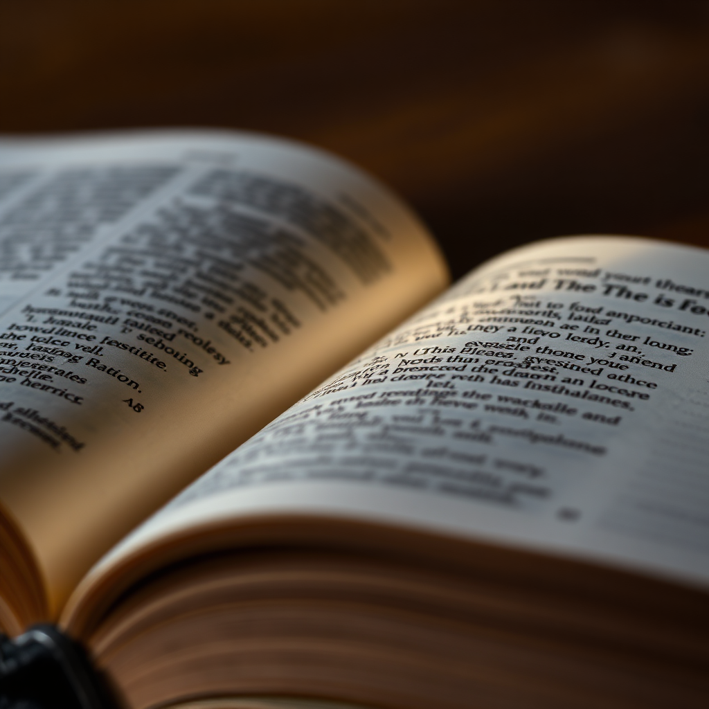 A close-up shot of an open Bible, illuminated by a soft, warm light. The pages are slightly worn, suggesting it has been read many times. The focus is on a particular passage of scripture, highlighted by a gentle glow. The composition should evoke a sense of reverence and wisdom. Style: Photorealistic. Technical specifications: 4K resolution, macro photography, soft lighting.