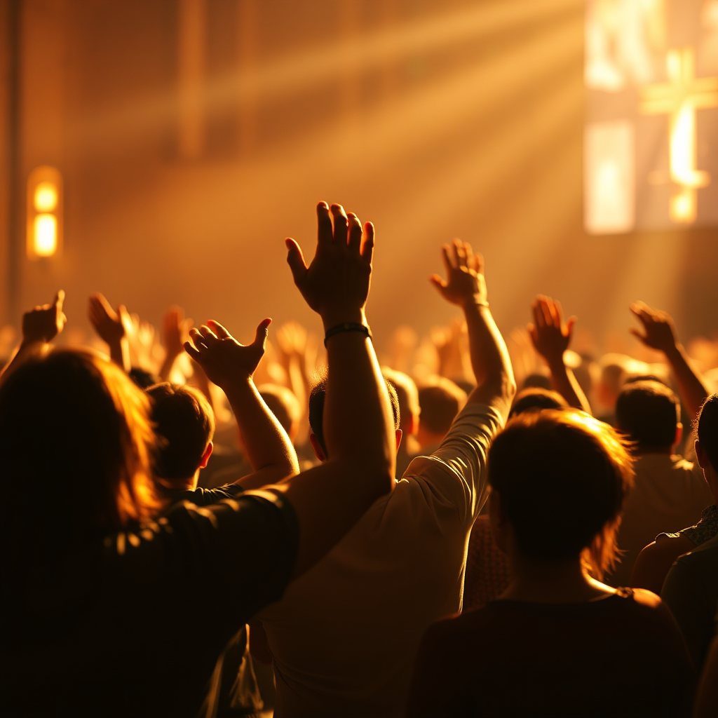 A group of people raising their hands in worship during a church service. The scene is bathed in warm, golden light, creating a sense of awe and reverence. The focus is on the expressions of devotion and the collective energy of the worshippers. The composition should be dynamic and uplifting. Style: Photorealistic. Technical specifications: 4K resolution, volumetric lighting, dynamic composition.