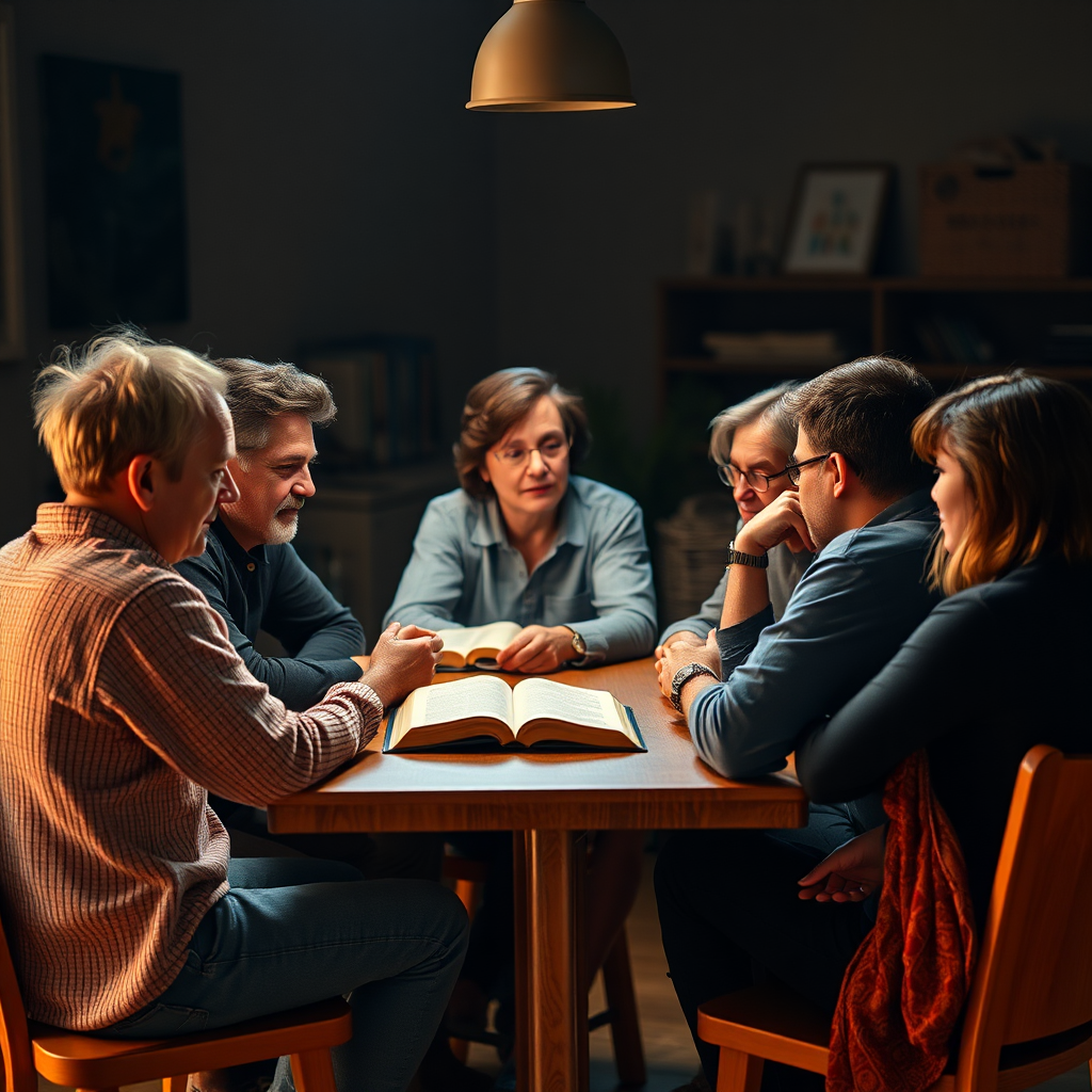 A small group of people sitting around a table, studying the Bible together. The atmosphere is relaxed and informal, with people engaging in thoughtful discussion. The lighting is warm and inviting. Capture the sense of community and intellectual stimulation. Style: Photorealistic. Technical Specifications: 4K, warm lighting, shallow depth of field.