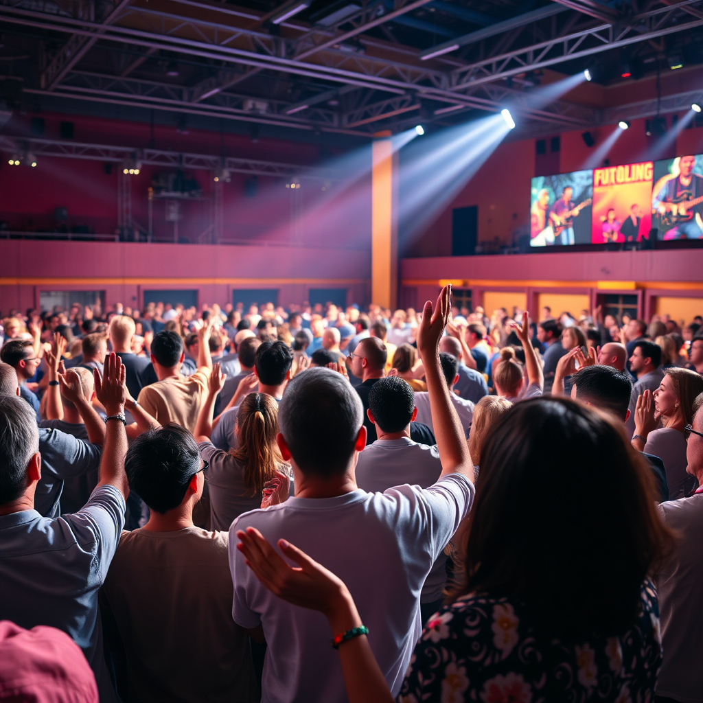 A vibrant and energetic church service in full swing. A diverse congregation is singing and clapping along to music played by a band on stage. The lighting is dynamic and colorful, creating a joyful atmosphere. Capture the energy and passion of the worshippers. Style: Photorealistic. Technical Specifications: 4K, dynamic lighting, wide angle.