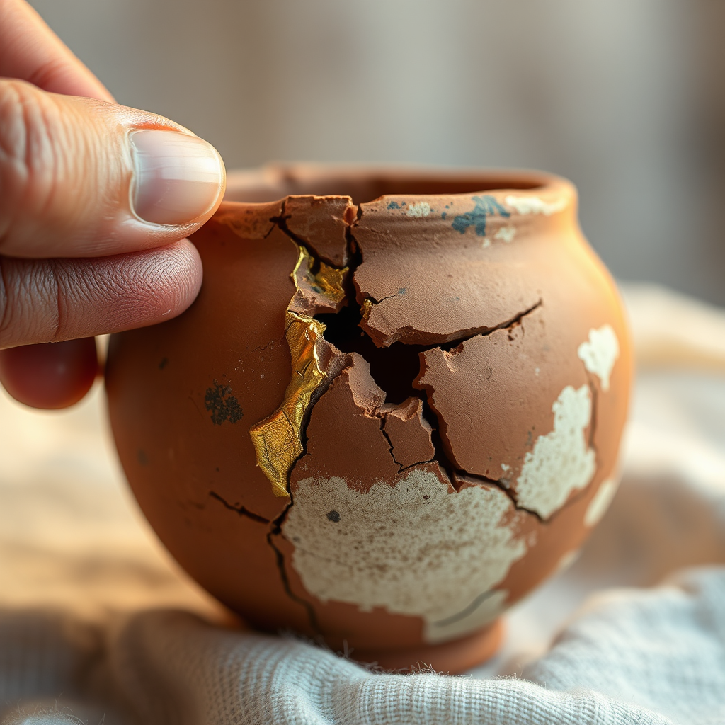 A weathered, broken clay pot being carefully repaired with gold. The gold symbolizes healing and restoration. The background is a soft, blurred texture. The lighting should be warm and gentle, highlighting the delicate details of the repair work. The composition focuses on the repaired cracks and the beauty of the imperfections. Style: Conceptual, with photorealistic textures. Technical specifications: 4K resolution, macro photography, shallow depth of field.