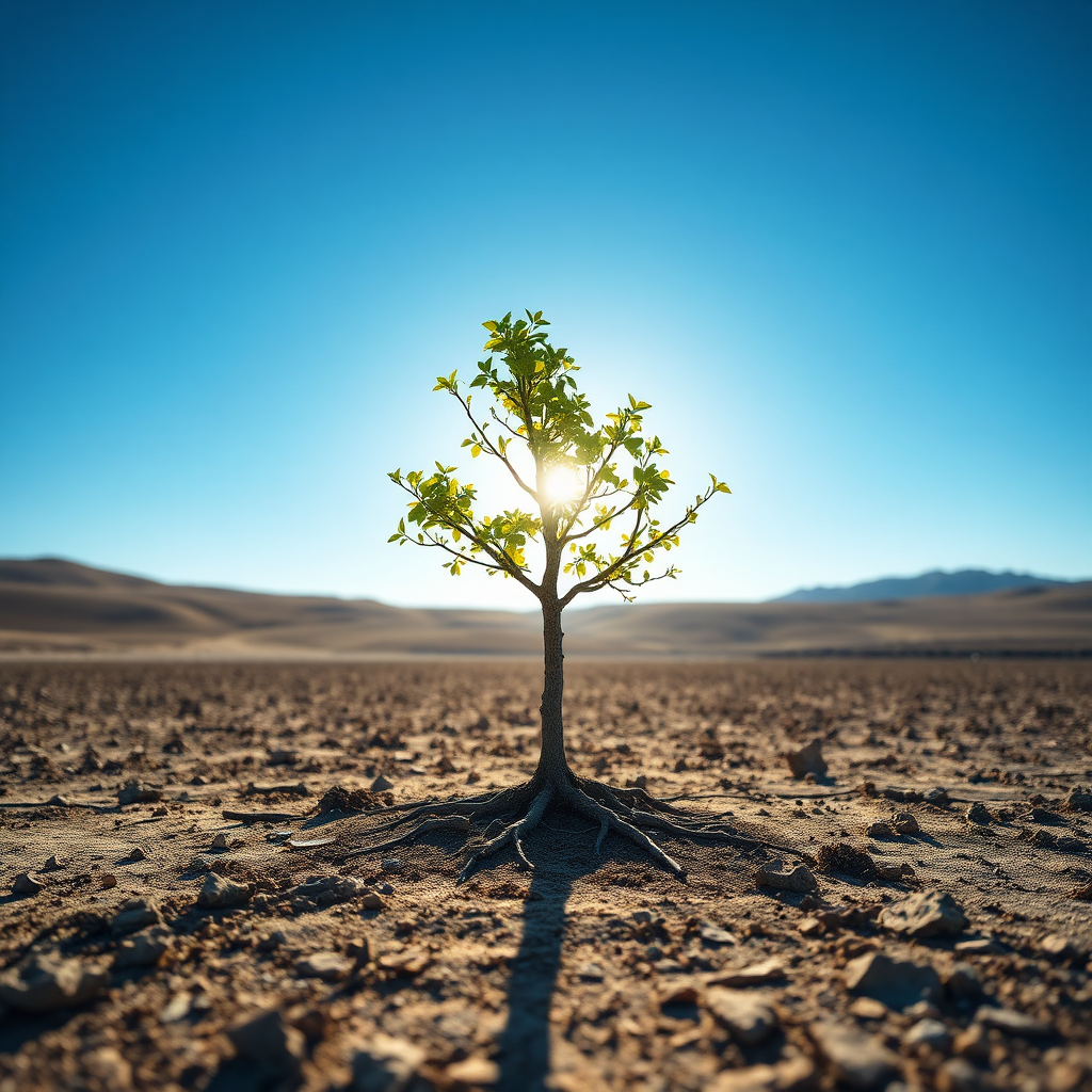 A young tree growing in a barren landscape, symbolizing hope and resilience. The tree is bathed in sunlight, and its roots are firmly planted in the ground. The background shows a vast, open sky. The composition should be inspiring and uplifting. Style: Photorealistic. Technical specifications: 4K resolution, dramatic lighting, wide-angle shot.
