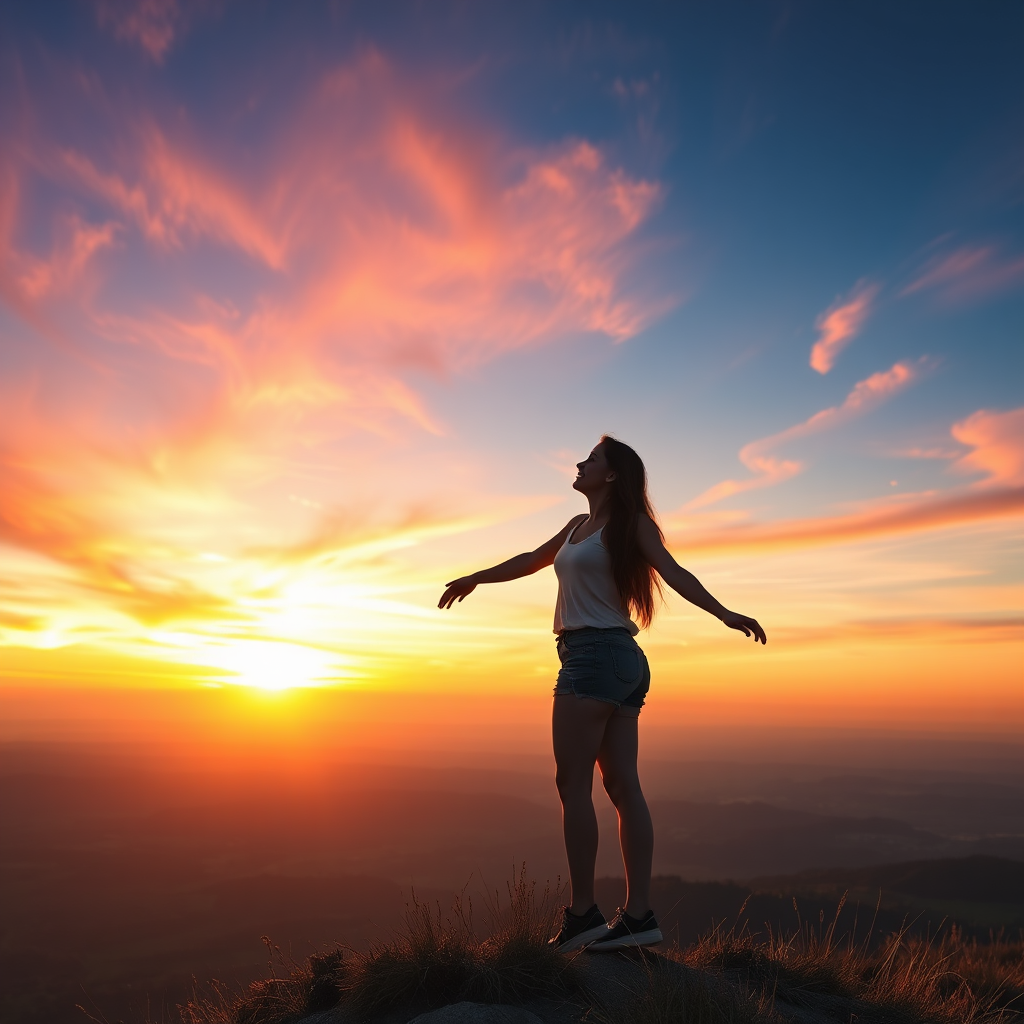 A young woman standing on a hilltop at sunrise, looking out over a vast landscape. She has a peaceful expression on her face and her arms are slightly outstretched. The sky is filled with vibrant colors, symbolizing hope and new beginnings. The composition focuses on the woman's silhouette against the bright sky. Style: Photorealistic. Technical specifications: 4K resolution, dramatic lighting, vibrant colors.