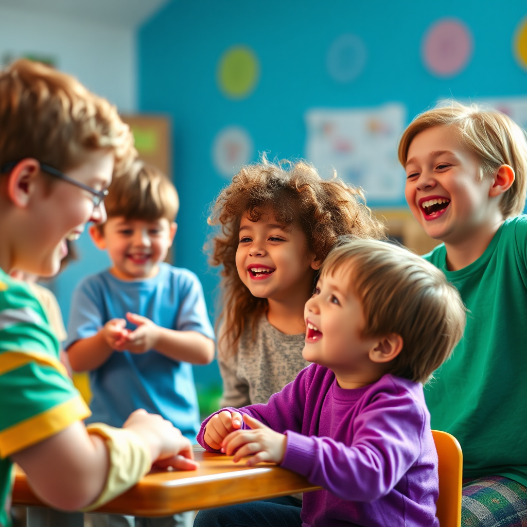 Children laughing and playing during a Sunday school class. The scene is colorful and engaging, with teachers interacting with the kids in a fun and creative way. The lighting is bright and cheerful. Capture the joy and energy of the children. Style: Photorealistic. Technical Specifications: 4K, bright colors, shallow depth of field.