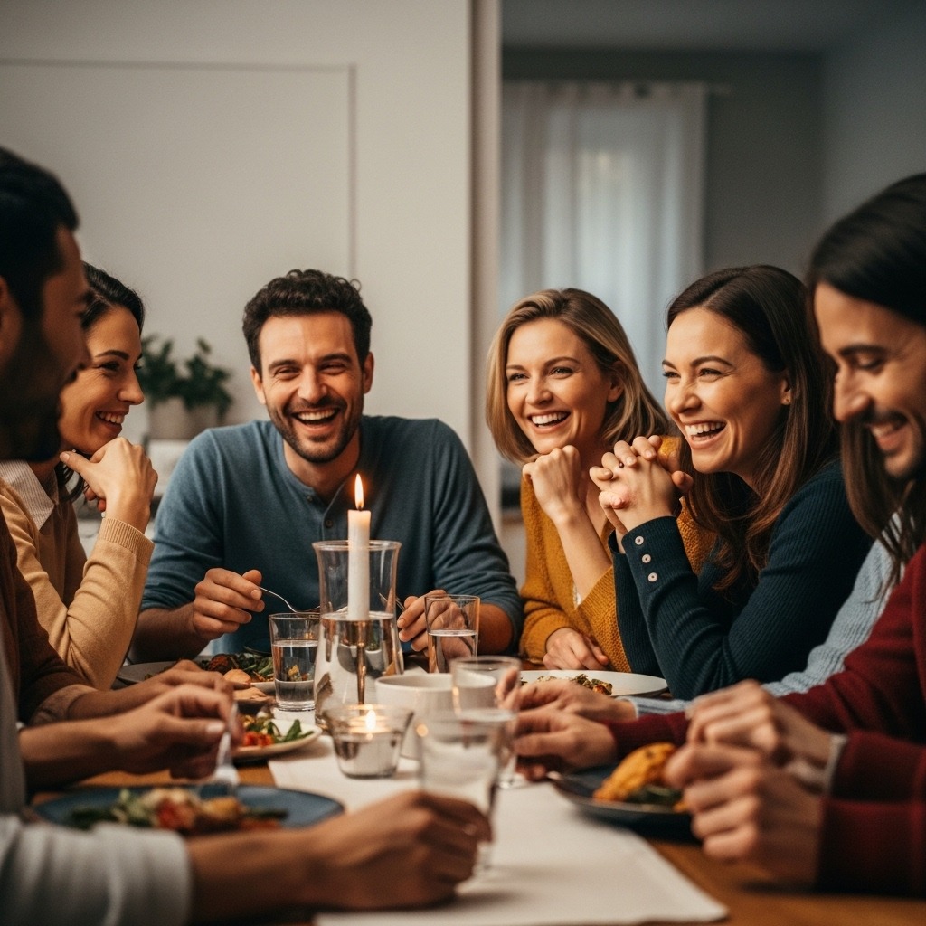 A diverse group of people gathered around a table, sharing a meal and laughing together. The atmosphere is warm and inviting, with soft lighting and a cozy setting. The focus is on the connection and joy shared between the people. The composition should be natural and candid, capturing the essence of community. Style: Photorealistic. Technical specifications: 4K resolution, natural lighting, shallow depth of field.