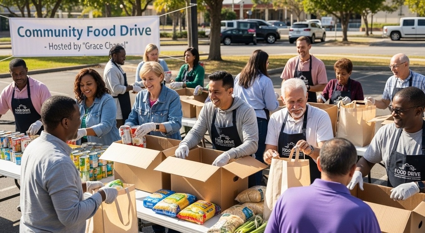 A diverse group of volunteers working together to build a house. The scene is filled with energy and purpose, with people smiling and helping each other. The background shows a neighborhood in need of revitalization. The composition should be uplifting and inspiring. Style: Photorealistic. Technical specifications: 4K resolution, natural lighting, wide-angle shot.