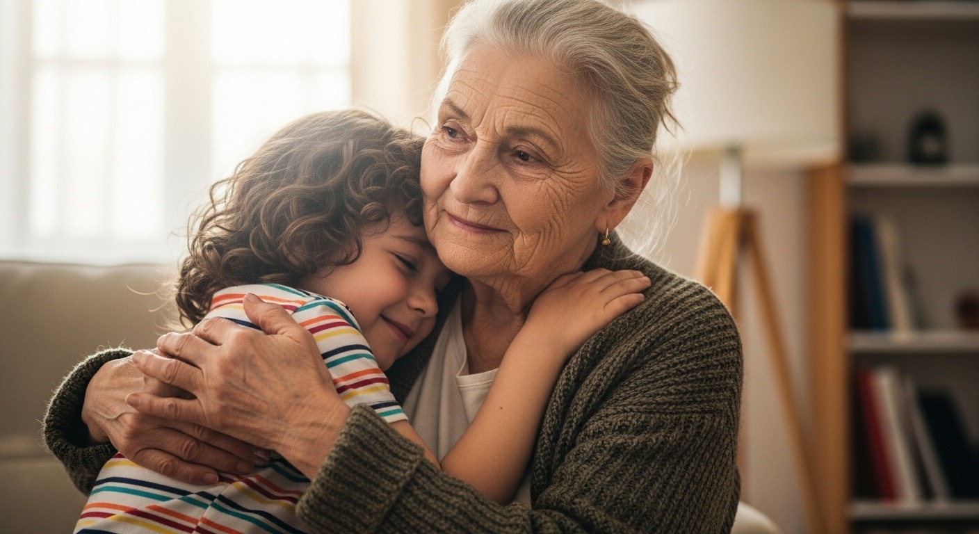 An elderly woman gently hugging a child. Their faces are filled with love and compassion. The background is blurred, focusing attention on the connection between the two individuals. The lighting is soft and warm, creating a sense of intimacy. The composition should evoke feelings of tenderness and care. Style: Photorealistic. Technical specifications: 4K resolution, shallow depth of field, warm lighting.