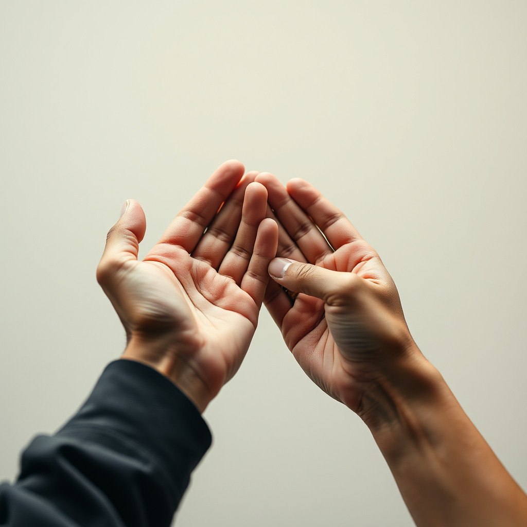 Two hands reaching out to each other, symbolizing reconciliation. The hands are slightly weathered, representing past struggles. The background is a soft, neutral color. The lighting should be gentle and hopeful. The composition should evoke feelings of peace and forgiveness. Style: Symbolic, with photorealistic textures. Technical specifications: 4K resolution, macro photography, soft lighting.