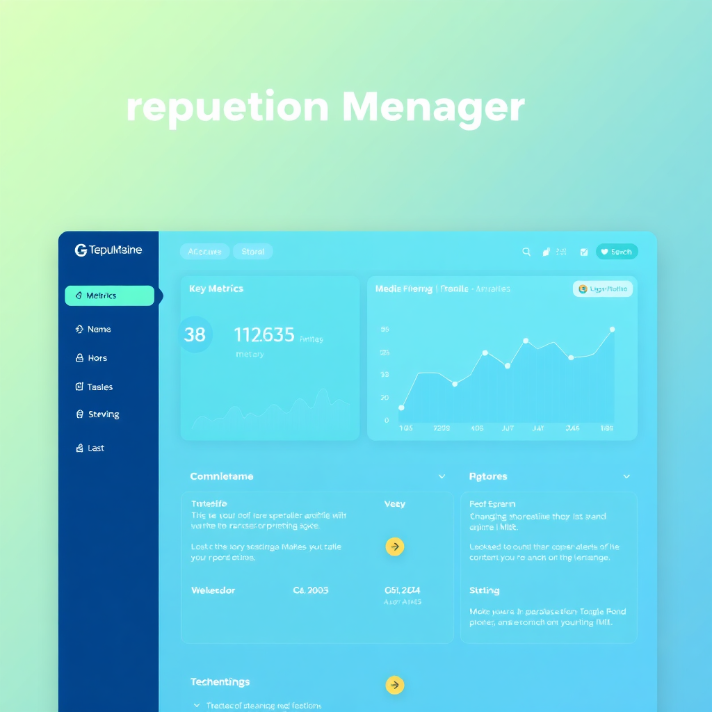 A clean and modern interface of a reputation management platform, showcasing key metrics and features. The interface is user-friendly and visually appealing, with clear navigation and helpful tooltips. The color palette is professional and calming, with shades of blue and green. Technical specs: High resolution, digital rendering.